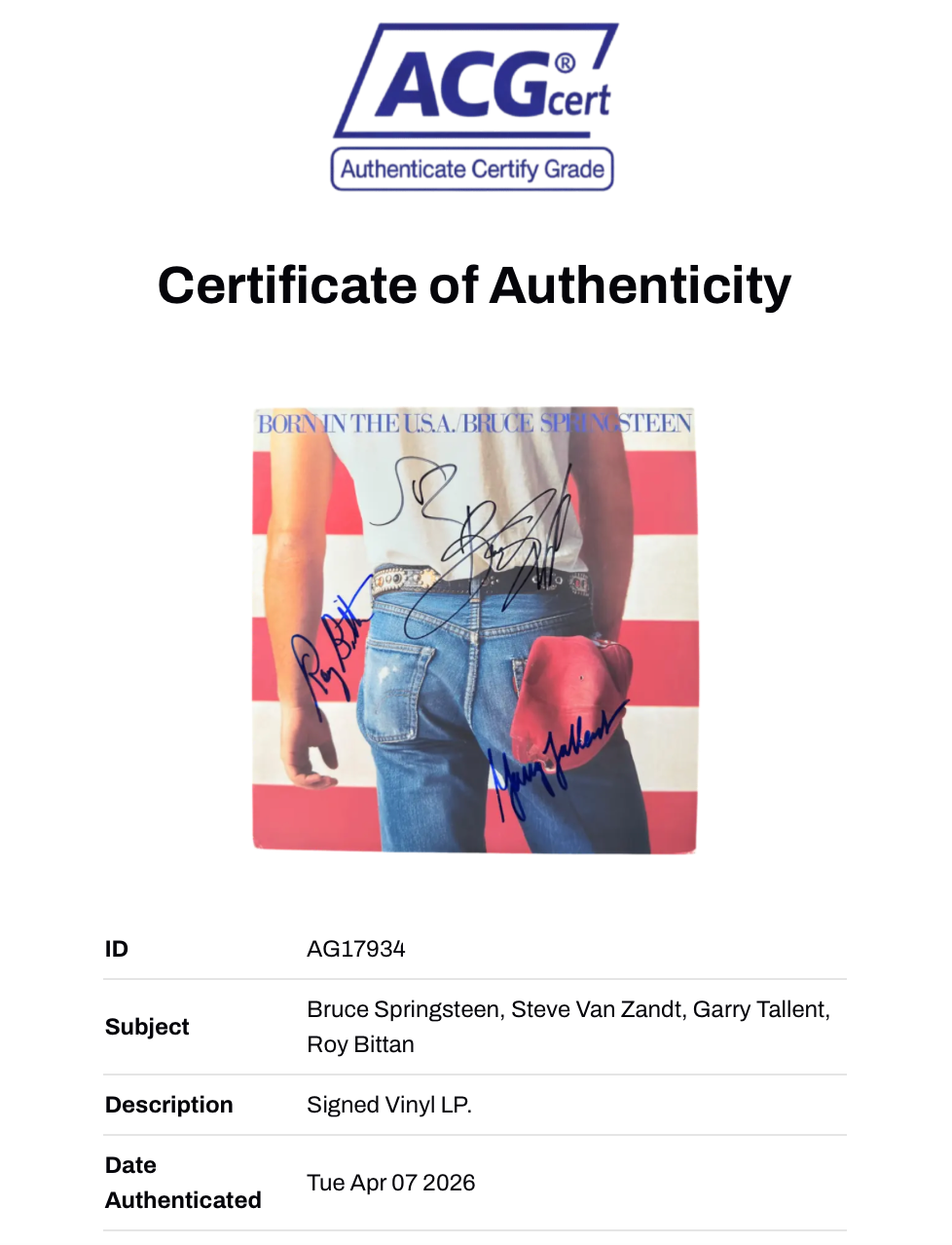 BRUCE SPRINGSTEEN & E STREET BAND SIGNED BORN IN THE USA LP (ACG CERT AG17934)