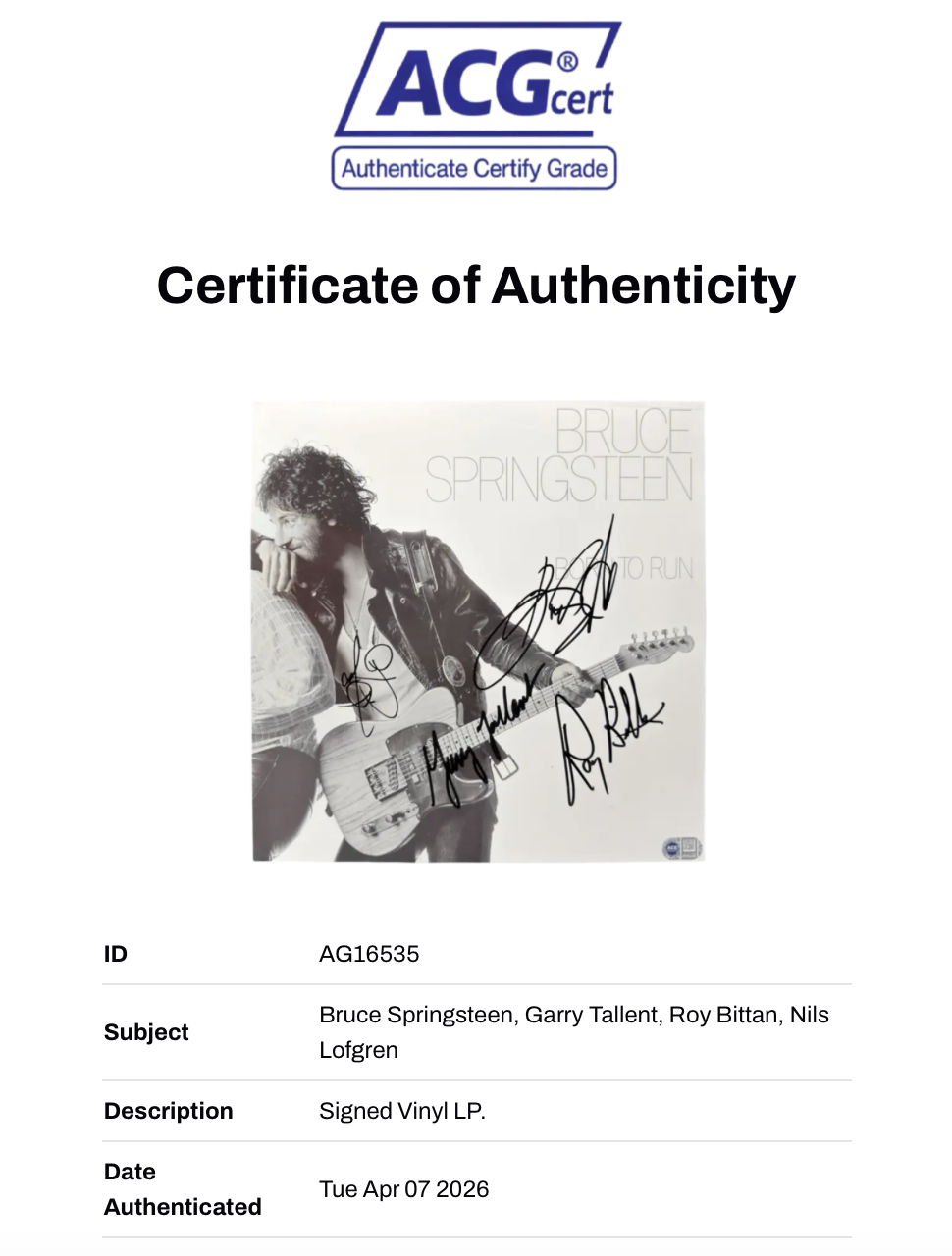 BRUCE SPRINGSTEEN & E STREET BAND SIGNED BORN TO RUN LP (ACG CERT AG16535)
