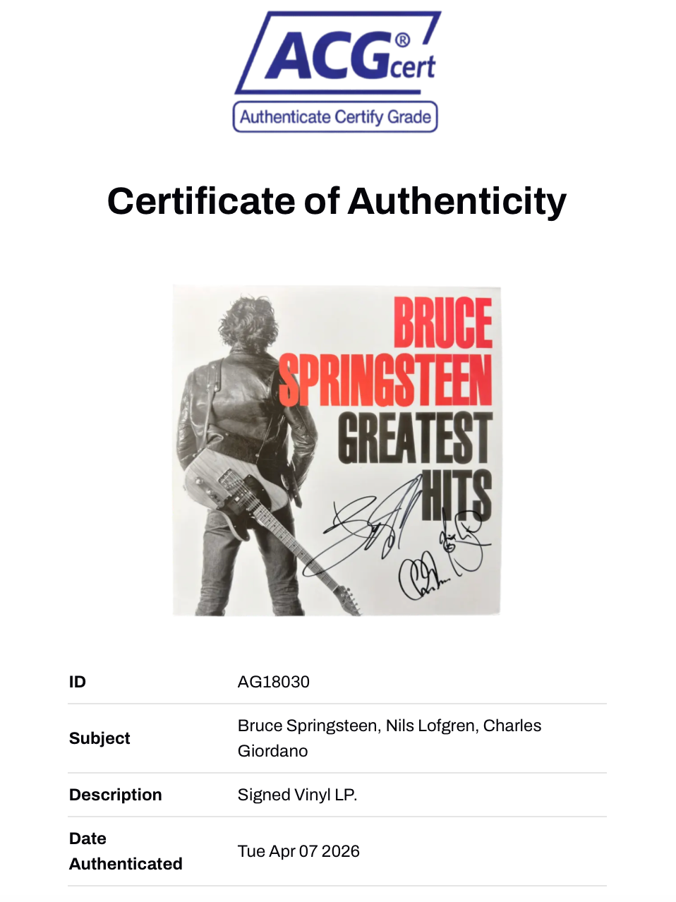 BRUCE SPRINGSTEEN & E-STREET BAND SIGNED GREATEST HITS VINYL LP (ACG CERT AG18030)