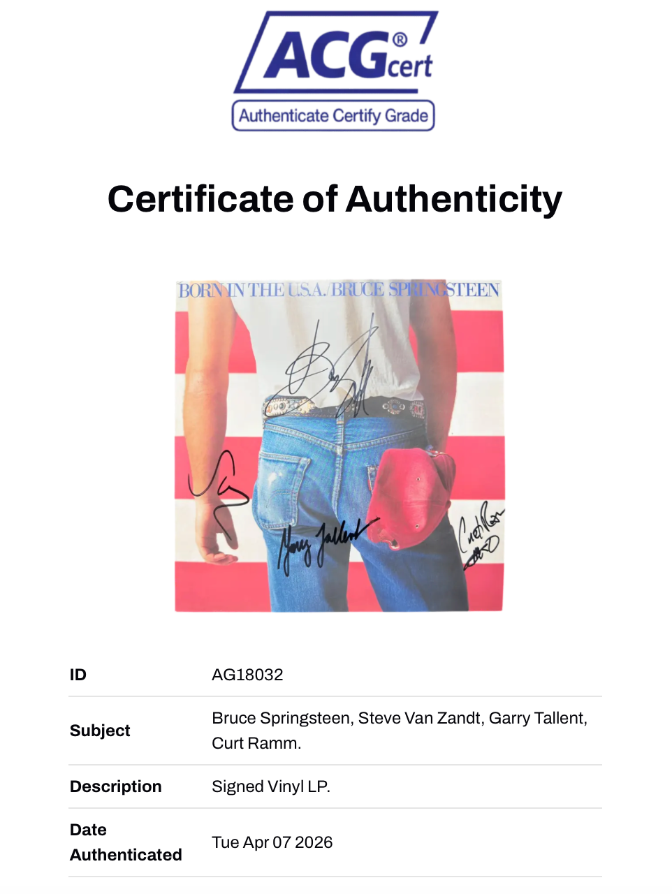 BRUCE SPRINGSTEEN & E STREET BAND SIGNED BORN IN THE USA LP (ACG CERT AG18032)