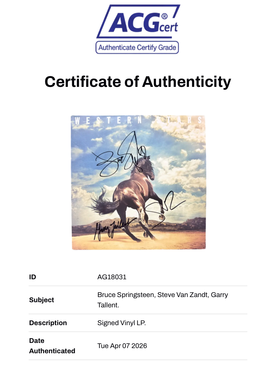 BRUCE SPRINGSTEEN & E-STREET BAND SIGNED WESTERN STARS VINYL (ACG CERT AG18031)
