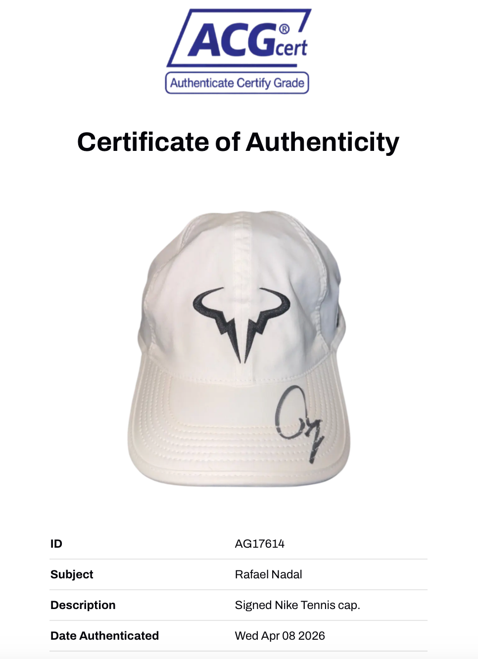 RAFAEL NADAL SIGNED WHITE NADAL NIKE TENNIS CAP (ACG CERT AG17614)
