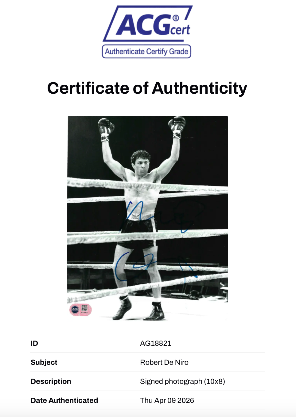 ROBERT DE NIRO SIGNED JAKE LAMOTTA RAGING BULL 10X8 PHOTO (ACG CERT AG18821)