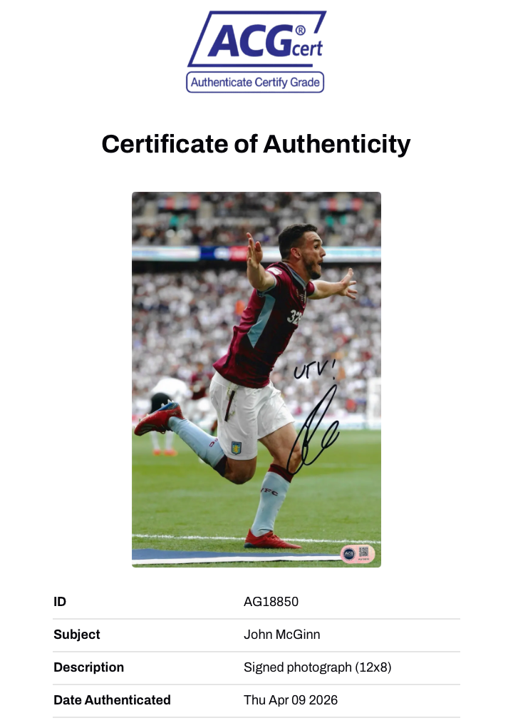 JOHN MCGINN SIGNED ASTON VILLA 12X8 PHOTOGRAPH (ACG CERT AG178850)