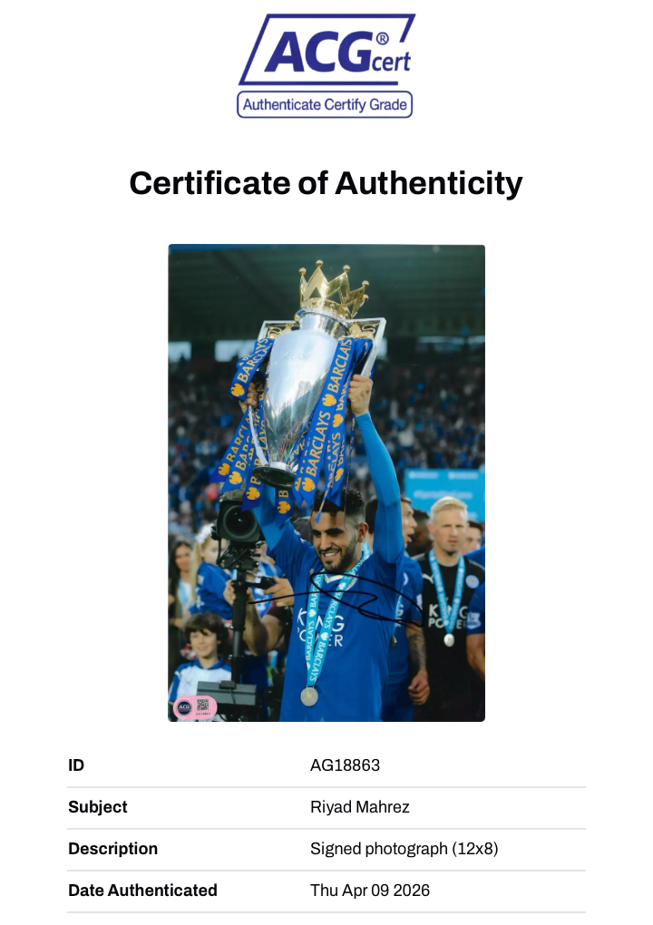 RIYAD MAHREZ SIGNED LEICESTER CITY PL CHAMPIONS 12X8 PHOTO (ACG CERT AG18863)