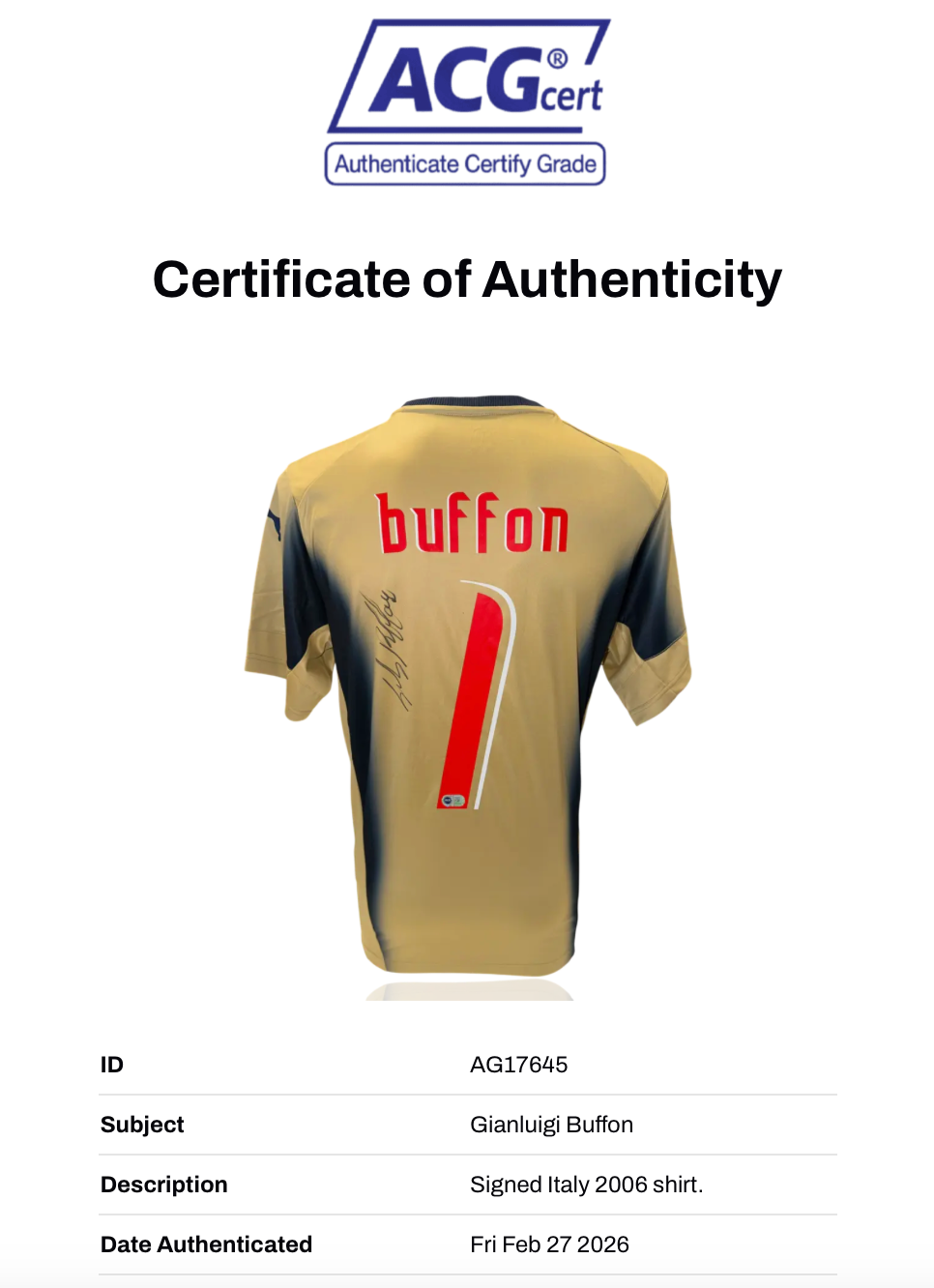 GIANLUIGI BUFFON SIGNED 2006 ITALY WORLD CUP FINAL SHIRT (ACG CERT AG17645)