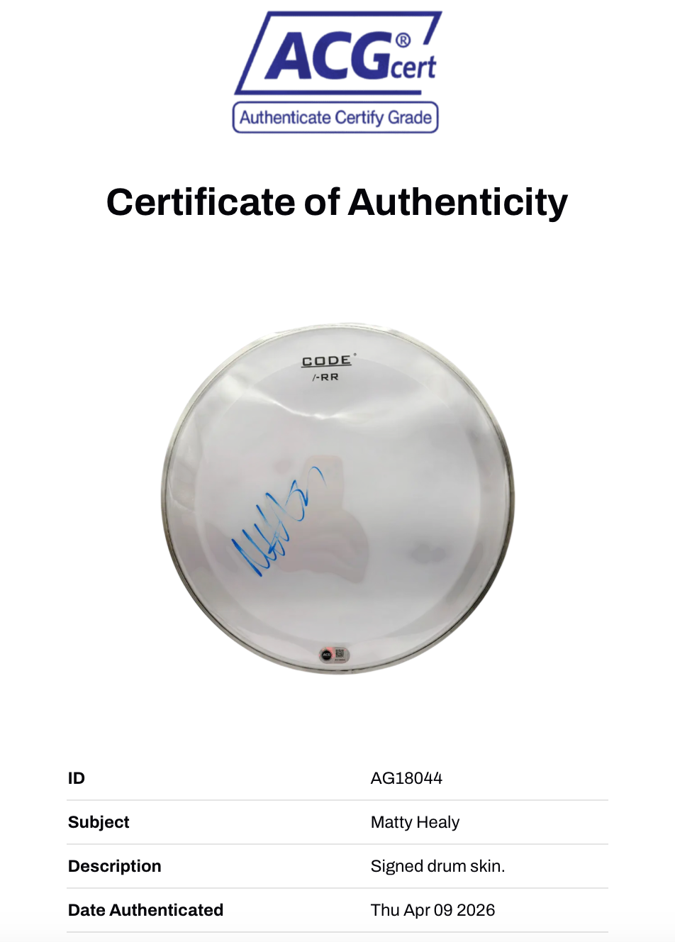 MATTY HEALY THE 1975 SIGNED 12" DRUMSKIN (ACG CERT AG18044)
