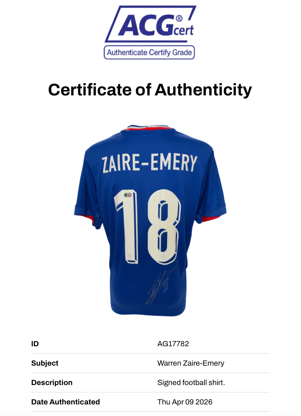 WARREN ZAIRE-EMERY SIGNED FRANCE EURO 2024 HOME SHIRT (ACG CERT AG17782)