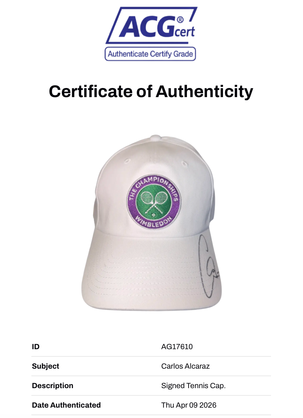 CARLOS ALCARAZ SIGNED WHITE WIMBLEDON TENNIS CAP (ACG CERT AG17610)