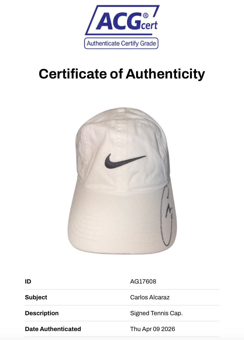 CARLOS ALCARAZ SIGNED WHITE NIKE TENNIS CAP WIMBLEDON (ACG CERT AG17608)