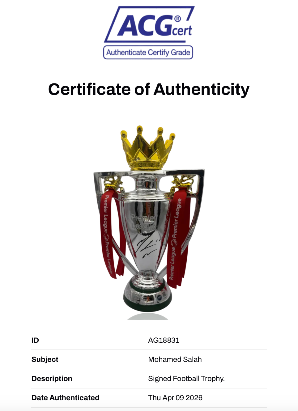 MO SALAH SIGNED LIVERPOOL FC REPLICA PREMIER LEAGUE TROPHY 32CM (ACG CERT AG18831)