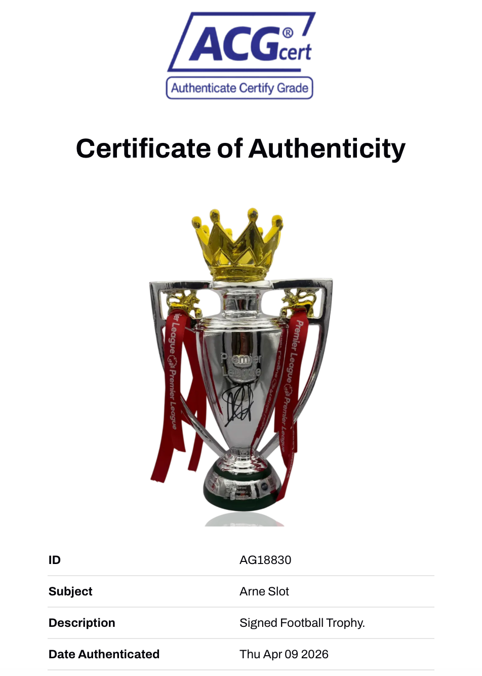 ARNE SLOT SIGNED LIVERPOOL FC PREMIER LEAGUE TROPHY 32CM (ACG CERT AG18830)