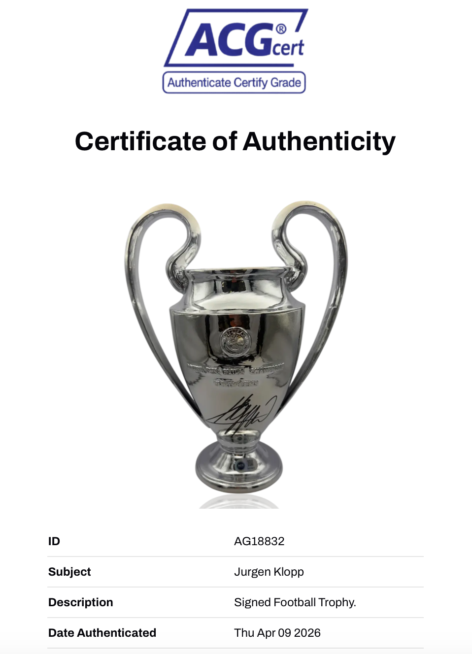JURGEN KLOPP SIGNED REPLICA CHAMPIONS LEAGUE TROPHY 32CM (ACG CERT AG18832)