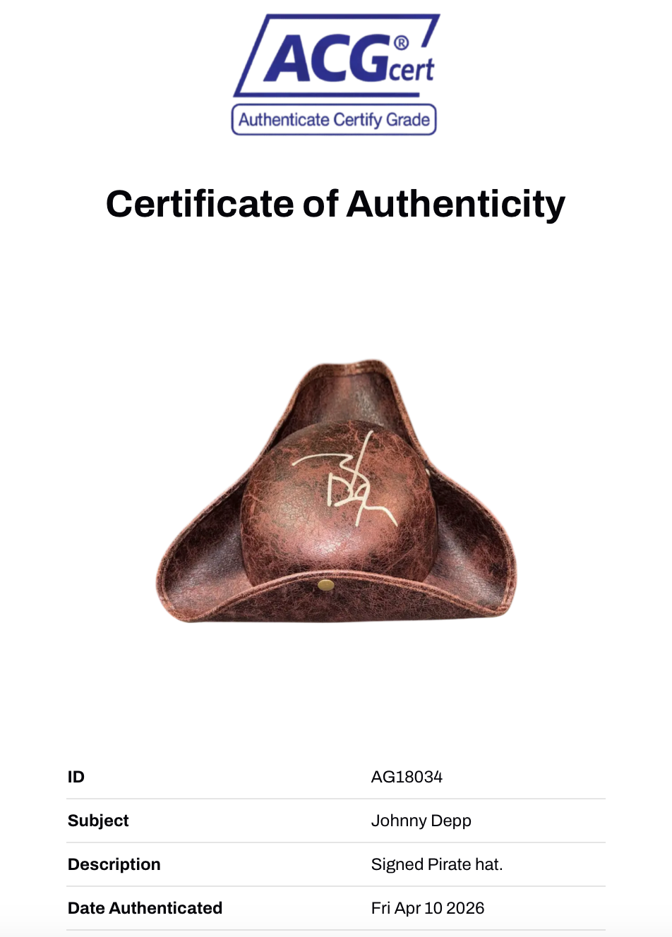 JOHNNY DEPP SIGNED PIRATES OF THE CARIBBEAN PIRATE HAT (ACG CERT AG18034)