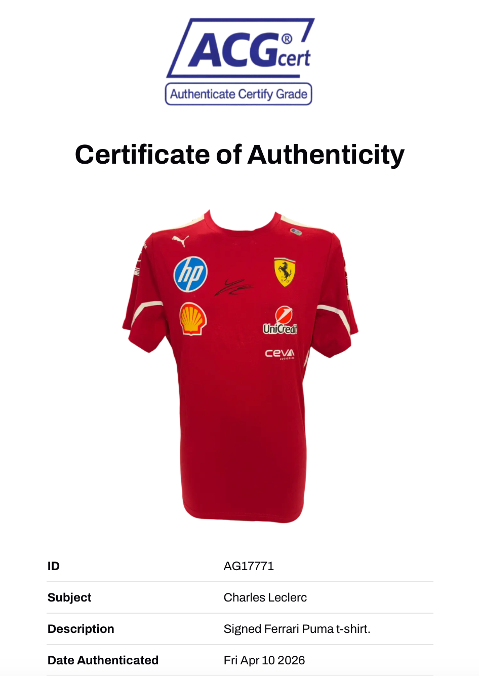 CHARLES LECLERC SIGNED FERRARI PUMA 2025 FORMULA 1 T-SHIRT (ACG CERT AG17771)