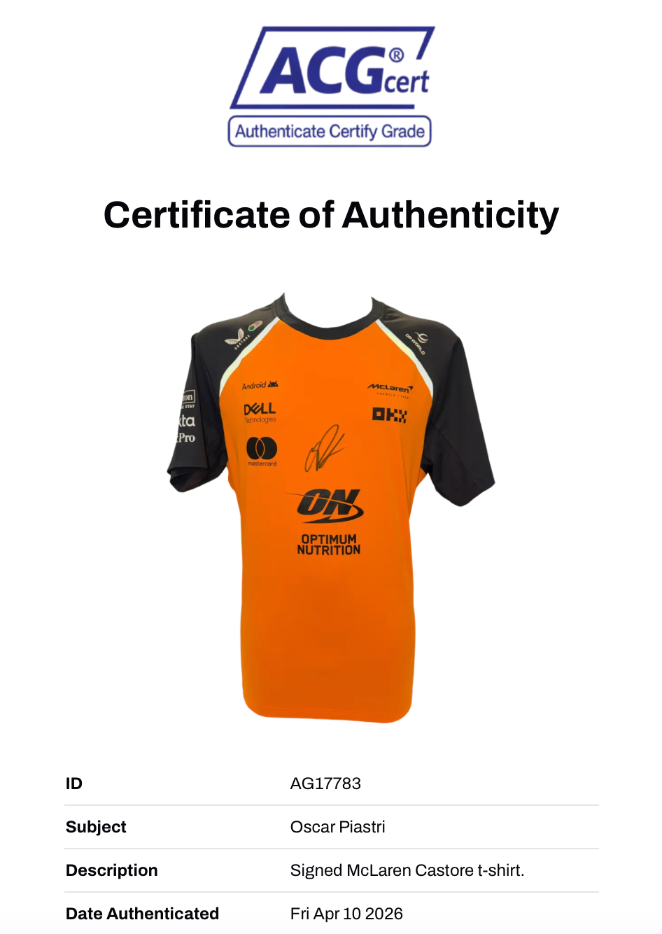OSCAR PIASTRI SIGNED MCLAREN CASTORE 2025 FORMULA 1 T-SHIRT (ACG CERT AG17783)