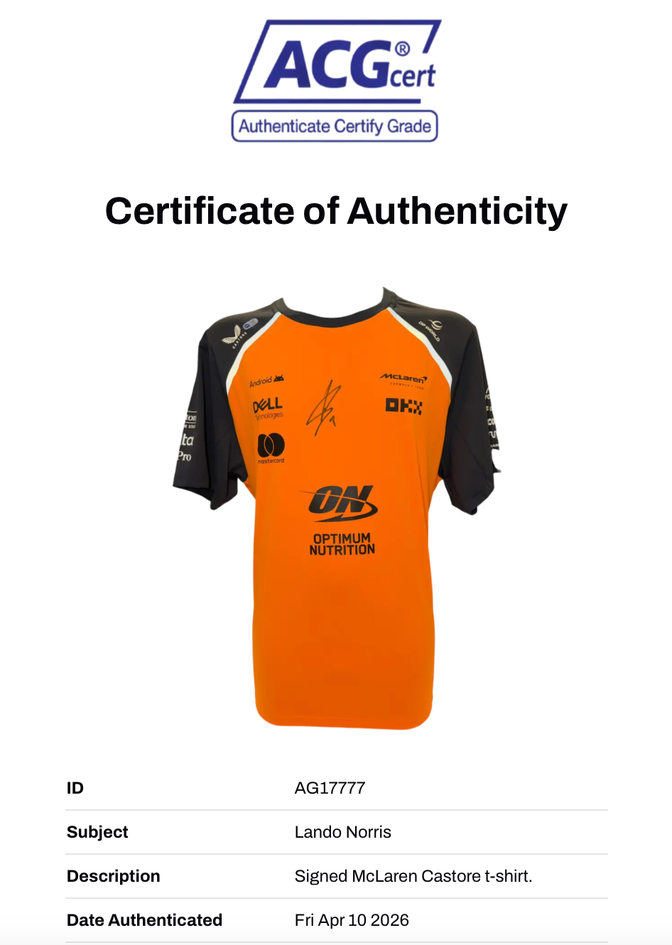 LANDO NORRIS SIGNED MCLAREN FORMULA 1 CHAMPION T-SHIRT (ACG CERT AG17777)