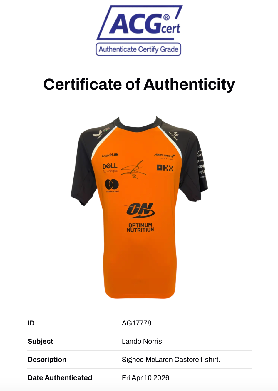 LANDO NORRIS SIGNED MCLAREN FORMULA 1 CHAMPION T-SHIRT (ACG CERT AG17778)