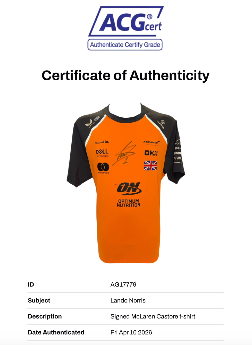 LANDO NORRIS SIGNED MCLAREN FORMULA 1 CHAMPION T-SHIRT (ACG CERT AG17779)