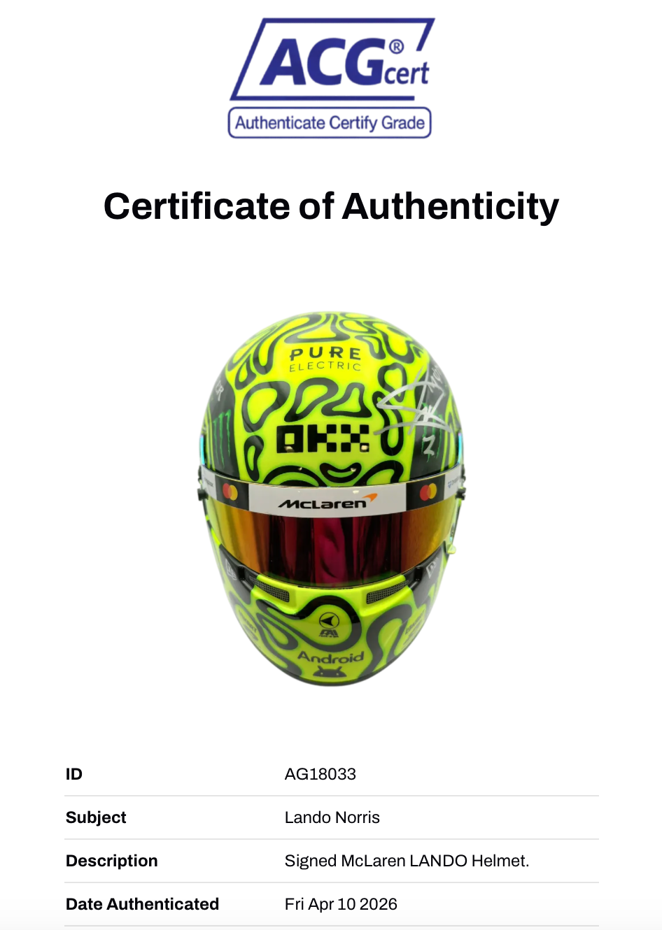 LANDO NORRIS SIGNED MCLAREN 1/2 SIZE BELL 2025 CHAMP F1 HELMET (ACG CERT AG18033)