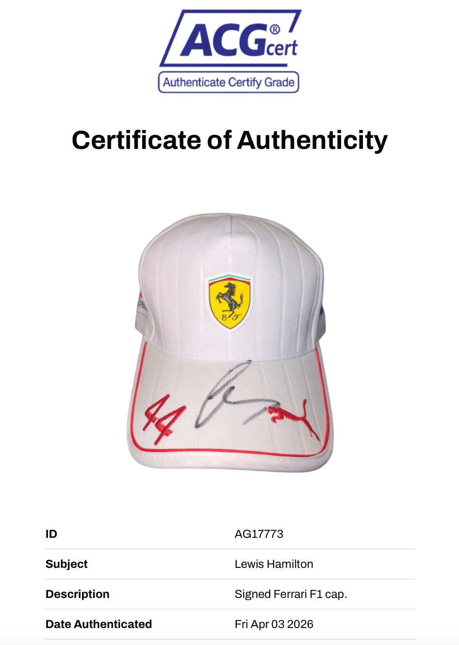 LEWIS HAMILTON SIGNED FERRARI 2025 FORMULA 1 CAP ACG LOA (ACG CERT AG17773)
