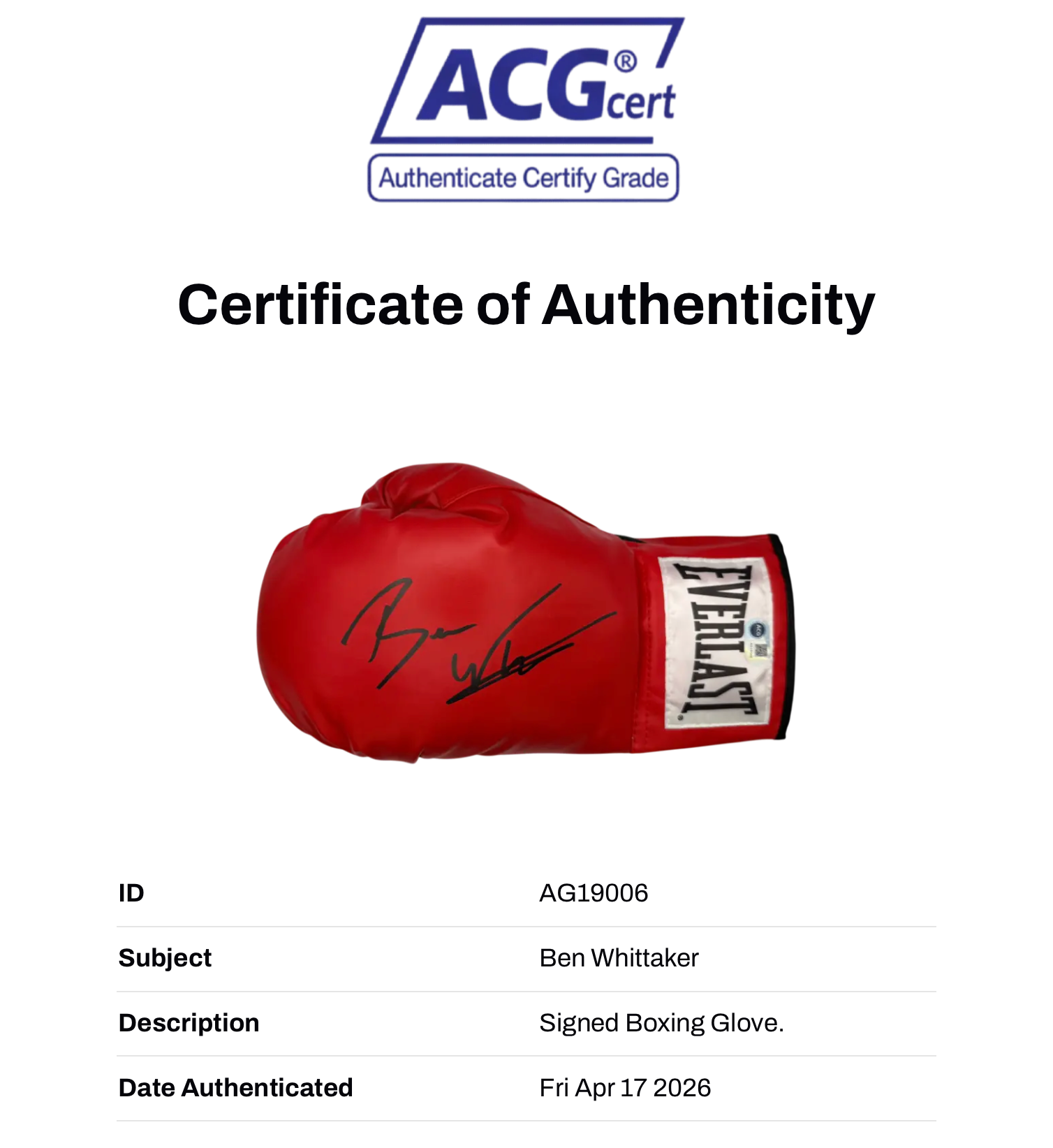 BEN WHITTAKER THE SURGEON SIGNED RED EVERLAST BOXING GLOVE (ACG CERT AG19006)