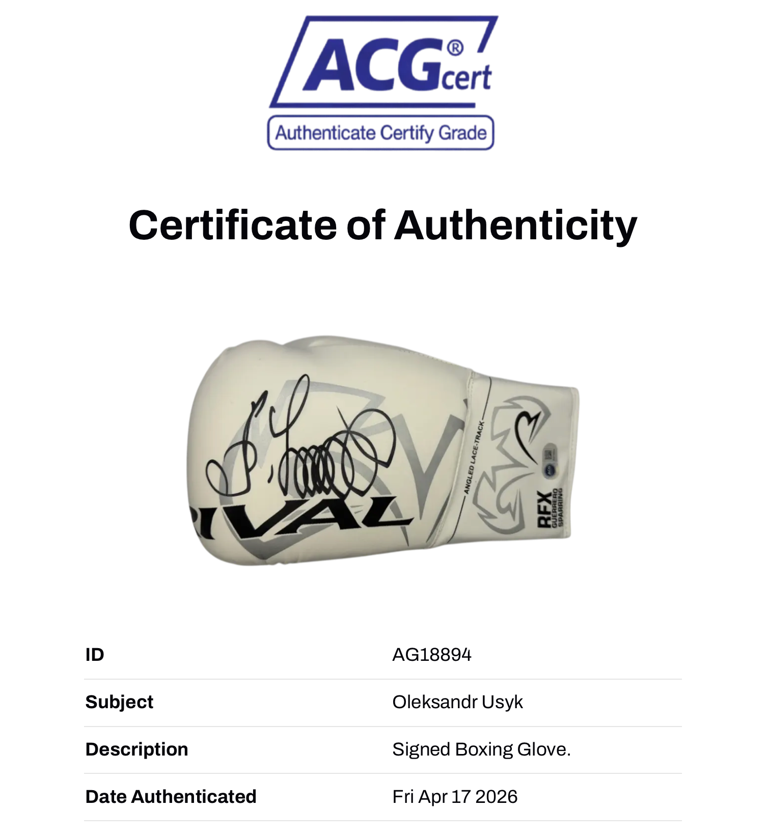 OLEKSANDR USYK SIGNED WHITE RIVAL BOXING GLOVE UNDISPUTED CHAMP (ACG CERT AG18894)