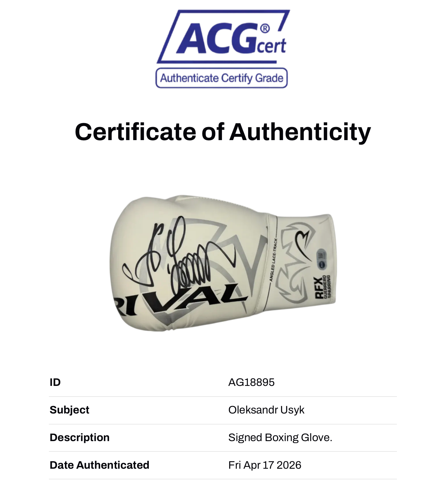 OLEKSANDR USYK SIGNED WHITE RIVAL BOXING GLOVE UNDISPUTED CHAMP (ACG CERT AG18895)