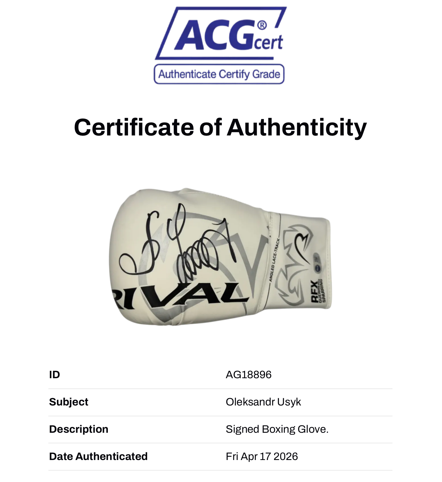 OLEKSANDR USYK SIGNED WHITE RIVAL BOXING GLOVE UNDISPUTED CHAMP (ACG CERT AG18896)
