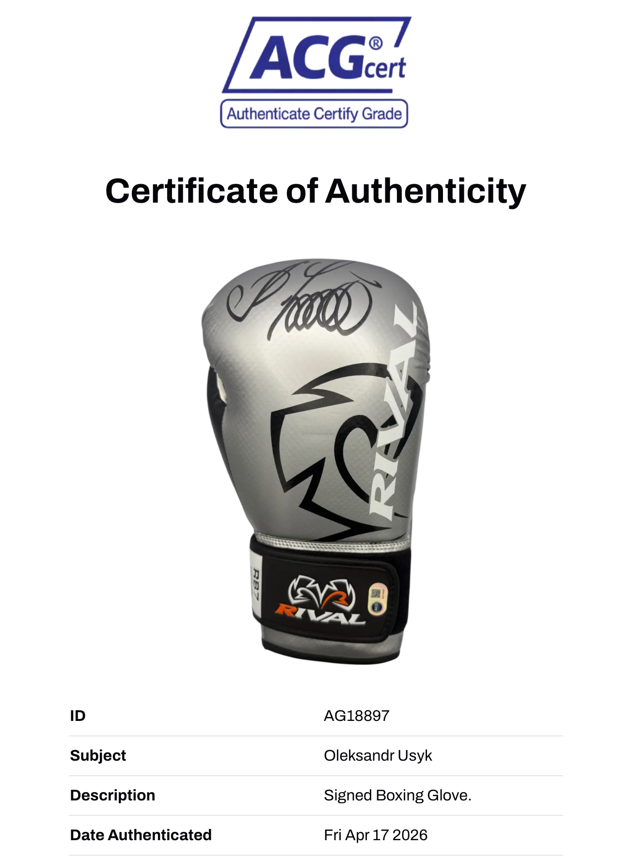 OLEKSANDR USYK SIGNED SILVER RIVAL BOXING GLOVE UNDISPUTED CHAMP (ACG CERT AG18897)