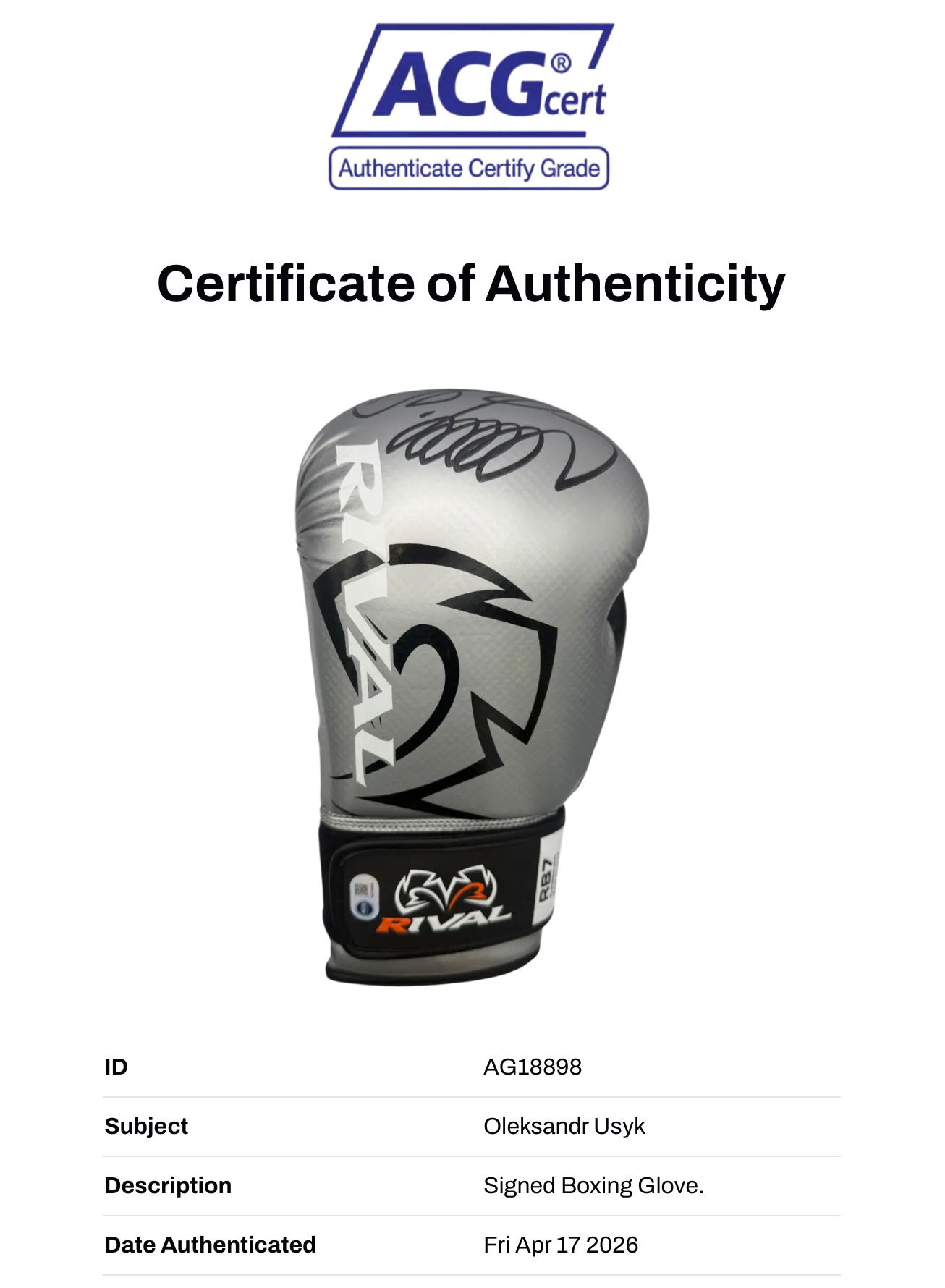OLEKSANDR USYK SIGNED SILVER RIVAL BOXING GLOVE UNDISPUTED CHAMP (ACG CERT AG18898)
