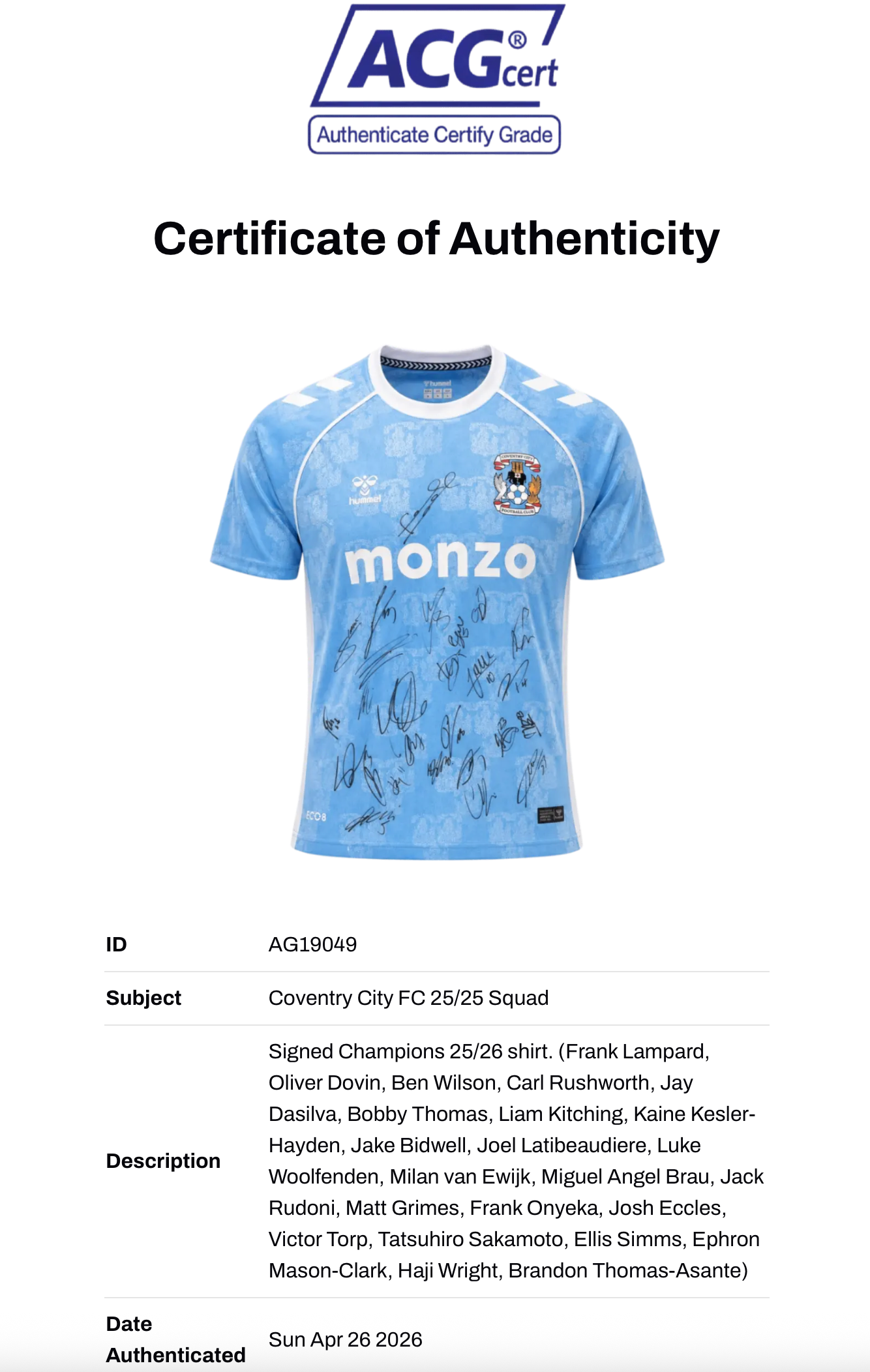 COVENTRY CITY FC 2025/26 CHAMPIONS SQUAD SIGNED HOME SHIRT (ACG CERT AG19049)