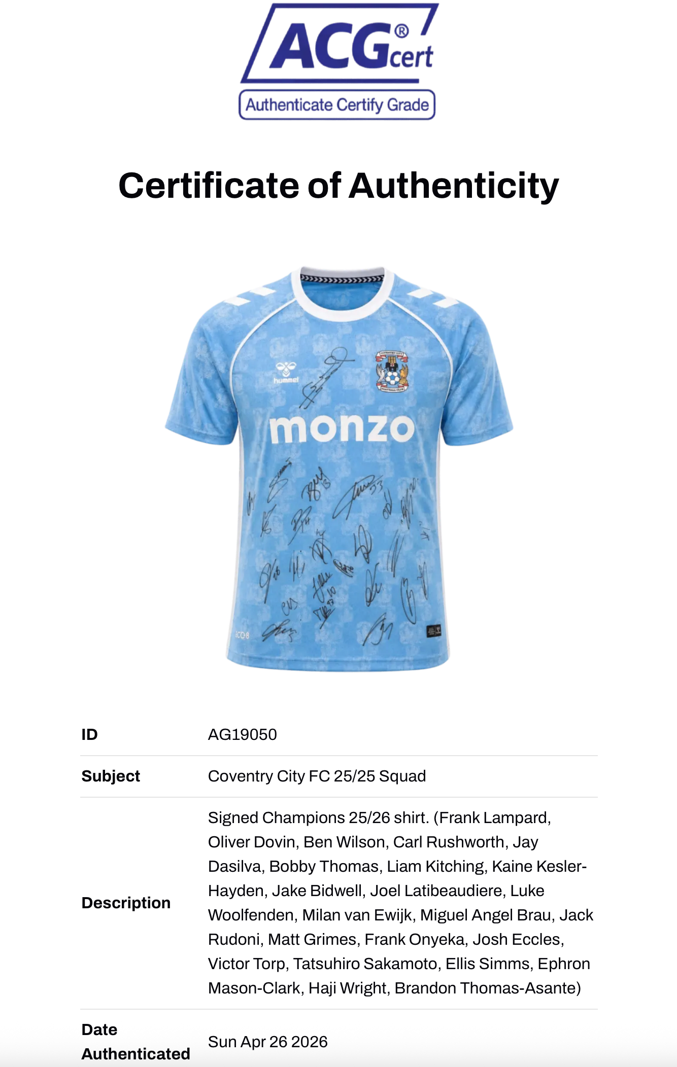 COVENTRY CITY FC 2025/26 CHAMPIONS SQUAD SIGNED HOME SHIRT (ACG CERT AG19050)