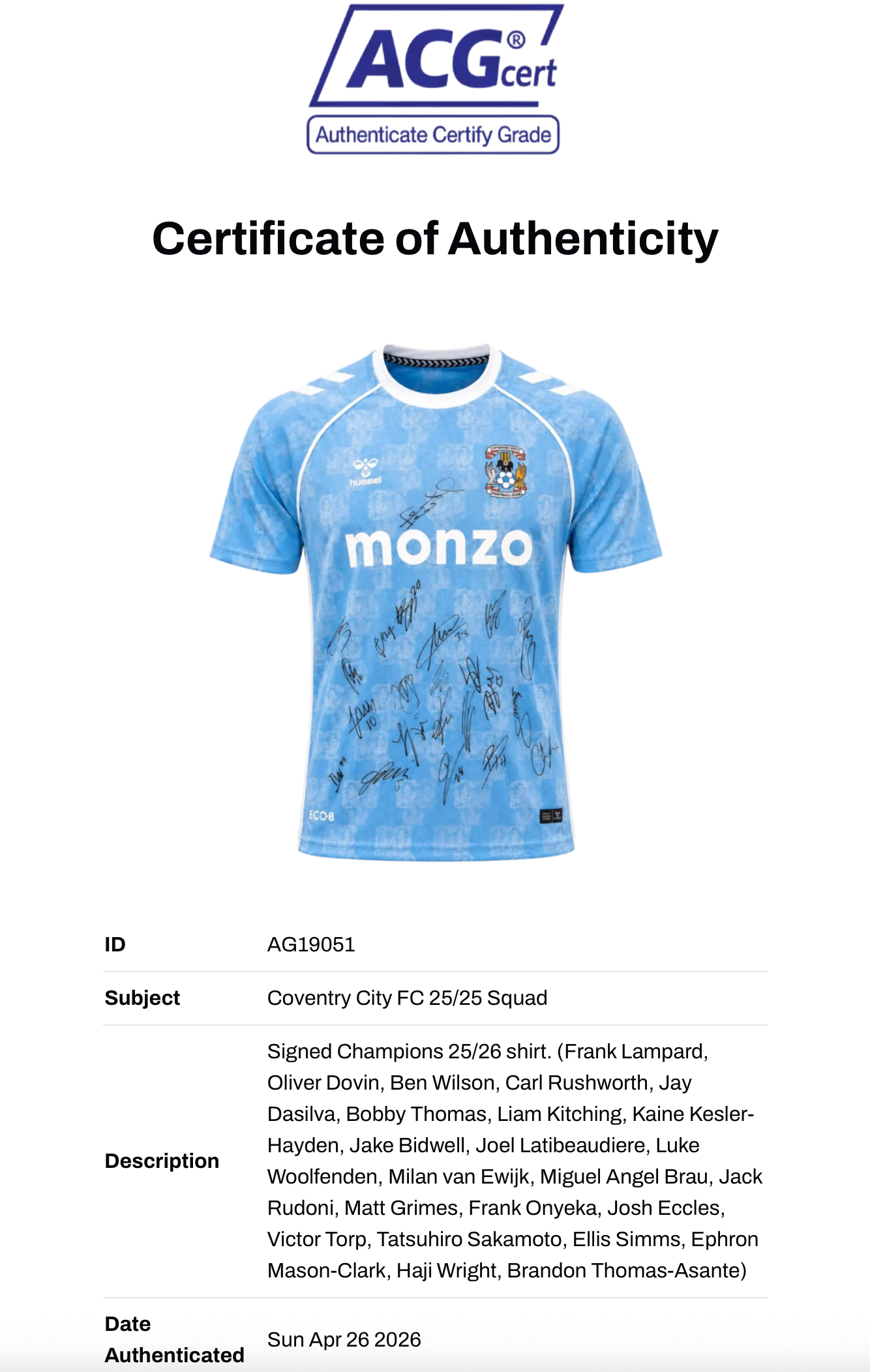COVENTRY CITY FC 2025/26 CHAMPIONS SQUAD SIGNED HOME SHIRT (ACG CERT AG19051)
