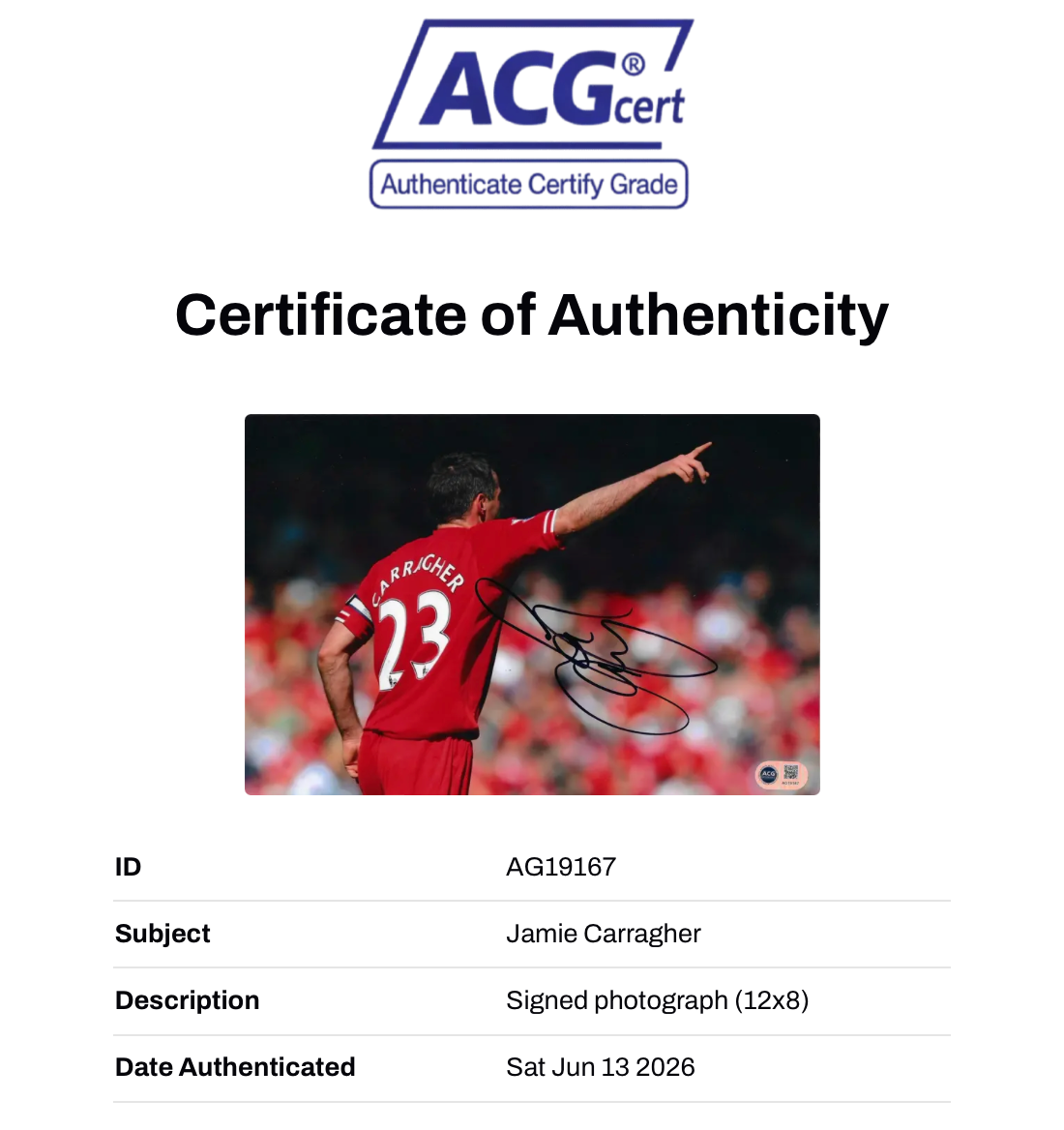 JAMIE CARRAGHER SIGNED LIVERPOOL FC 12x8 PHOTO (ACG CERT AG19167)