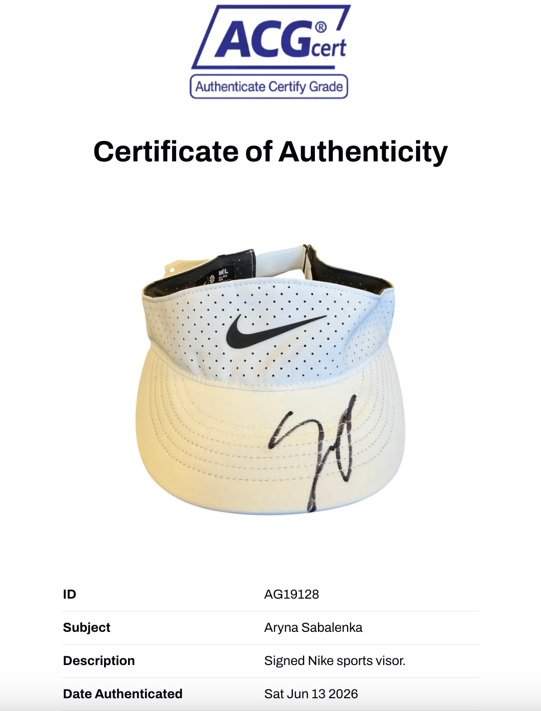 ARYNA SABALENKA SIGNED NIKE WHITE TENNIS CAP (ACG CERT AG19128)