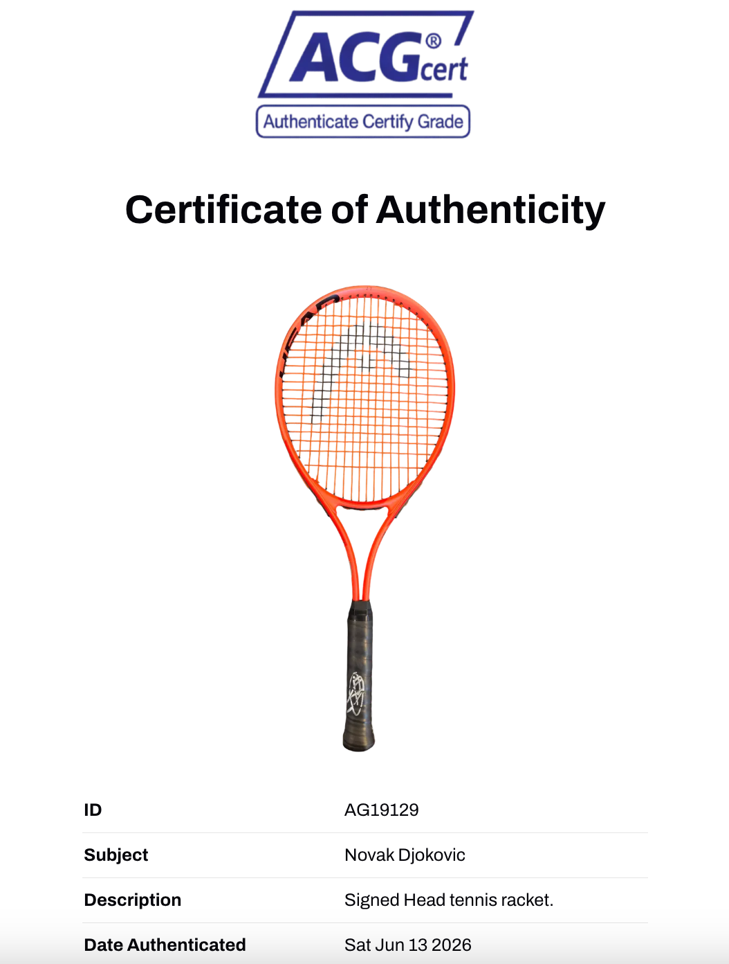 NOVAK DJOKOVIC SIGNED RED HEAD ATTITUDE TENNIS RACKET (ACG CERT AG19129)