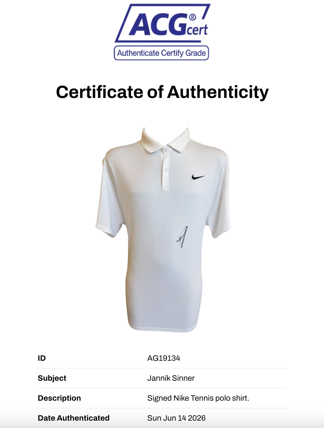JANNIK SINNER SIGNED WHITE NIKE TENNIS POLO SHIRT (ACG CERT AG19134)