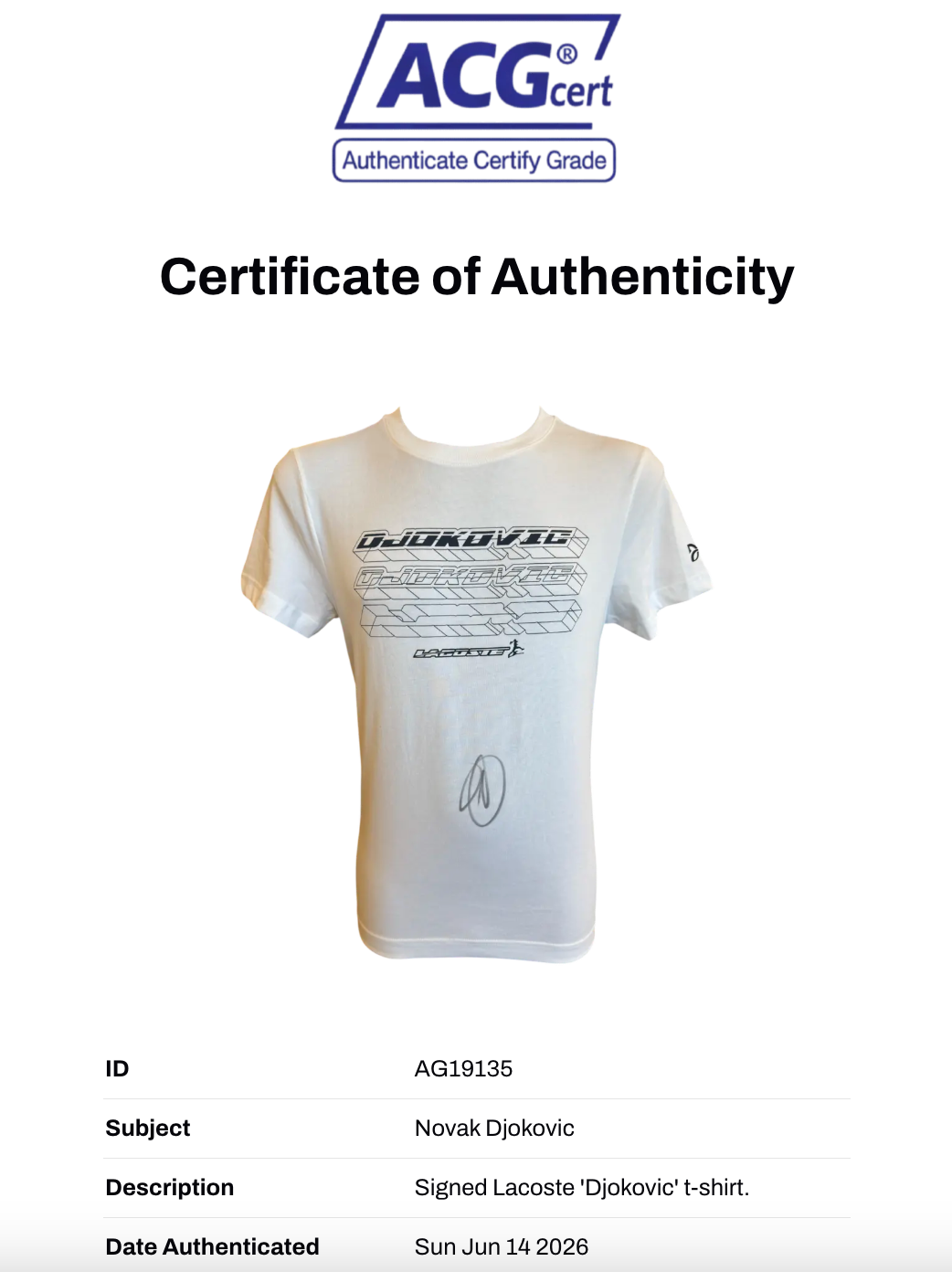 NOVAK DJOKOVIC SIGNED LACOSTE DJOKOVIC TENNIS T-SHIRT (ACG CERT AG19135)