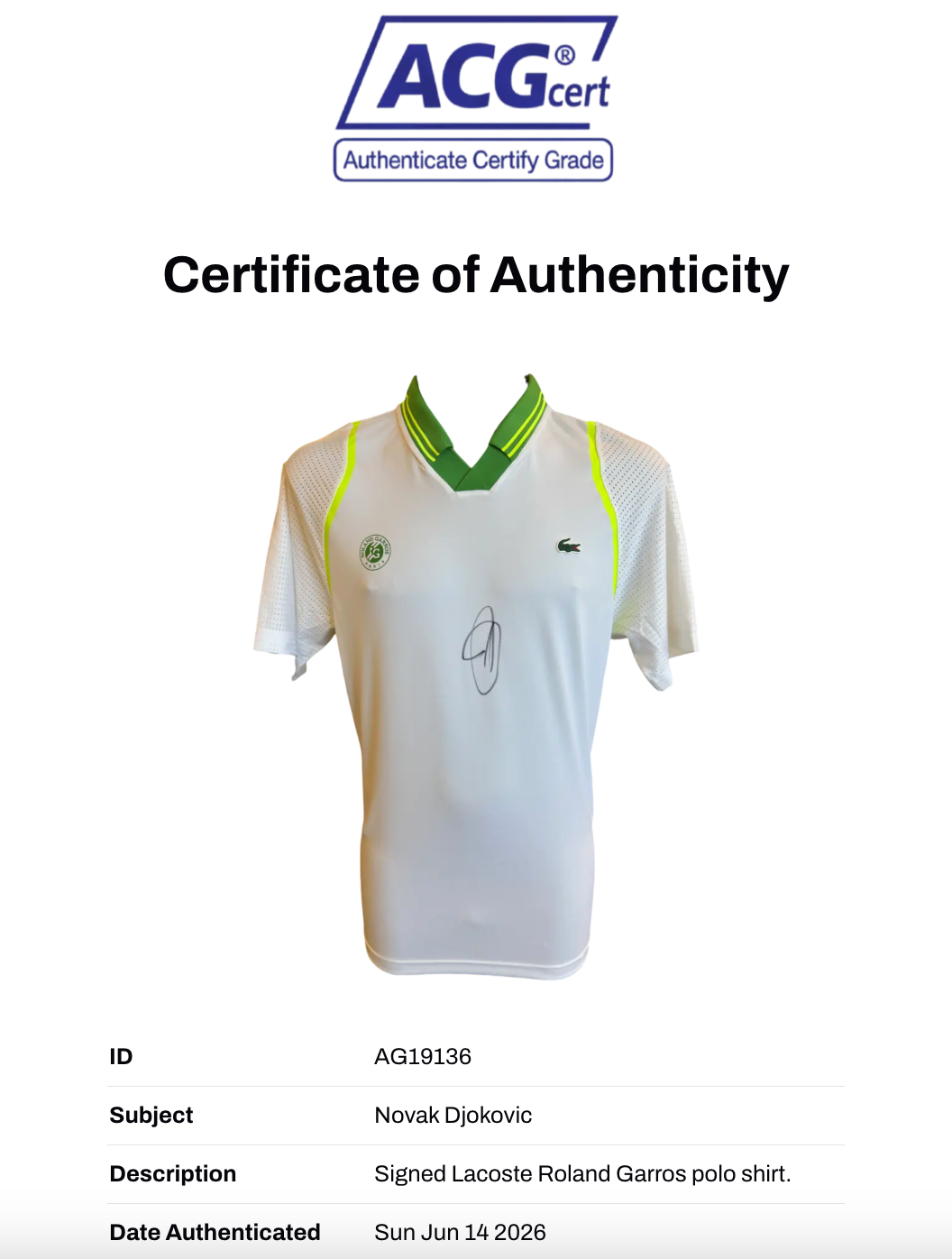 NOVAK DJOKOVIC SIGNED LACOSTE ROLAND GARROS POLO SHIRT (ACG CERT AG19136)
