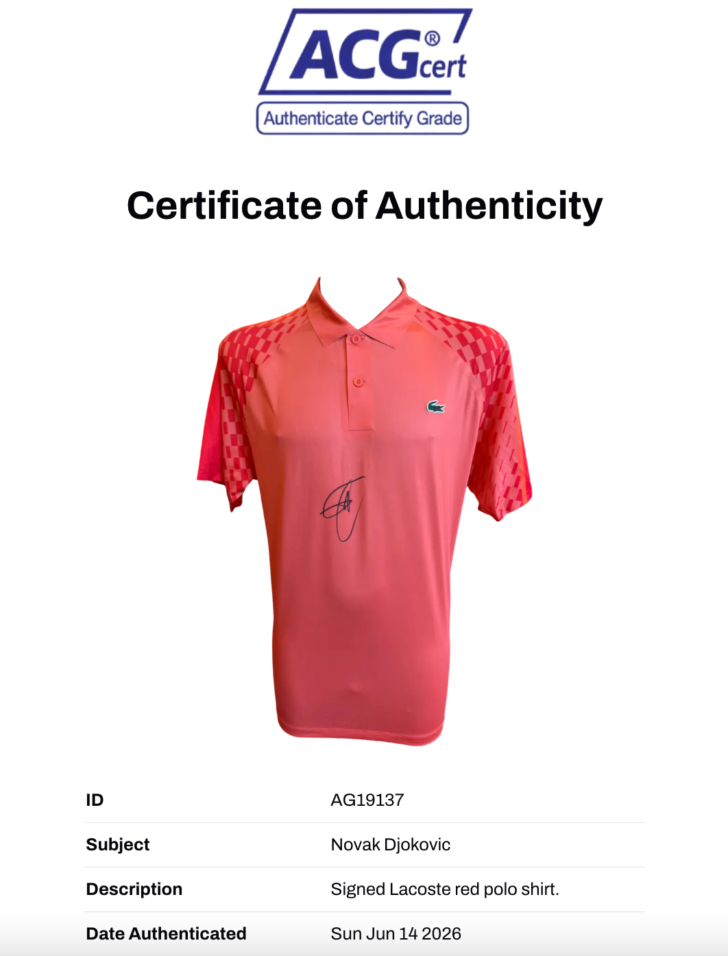 NOVAK DJOKOVIC SIGNED LACOSTE RED AUSTRALIAN OPEN POLO SHIRT (ACG CERT AG19137)