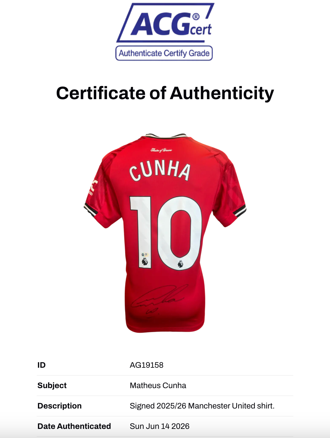 MATHEUS CUNHA SIGNED 2025/26 MANCHESTER UTD HOME SHIRT (ACG CERT AG19158)