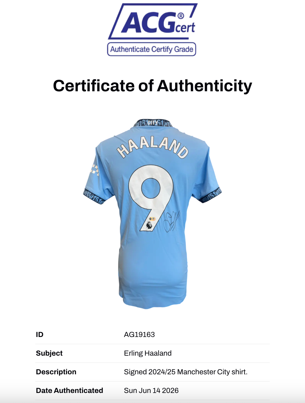 ERLING HAALAND SIGNED MANCHESTER CITY FC 24/25 HOME SHIRT (ACG CERT AG19163)