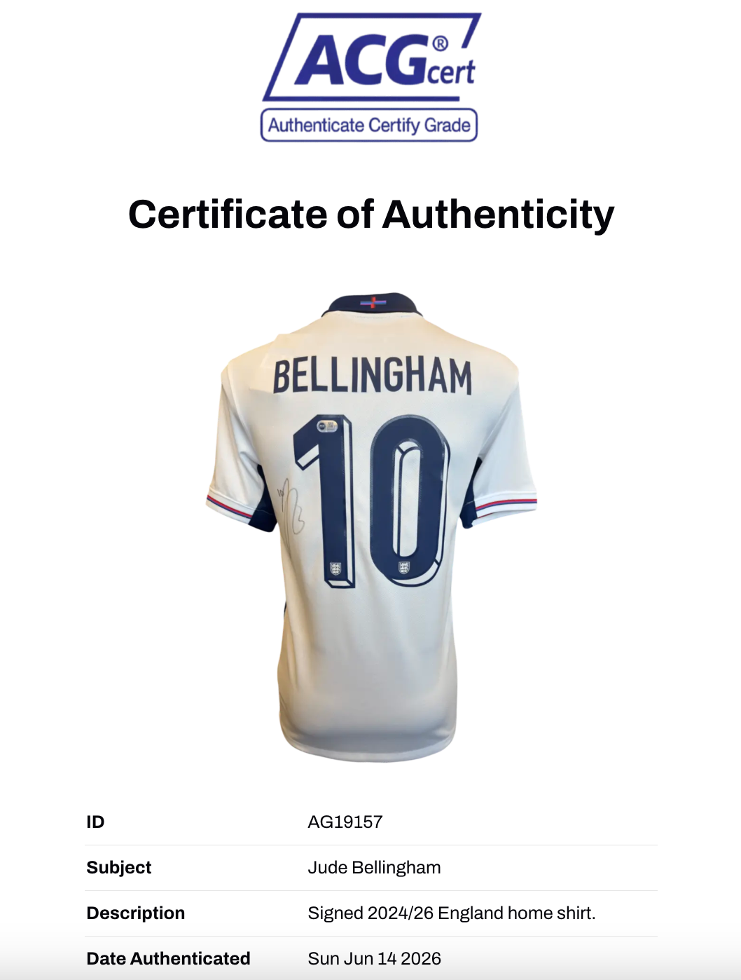 JUDE BELLINGHAM SIGNED 2024/26 ENGLAND HOME SHIRT (ACG CERT AG19157)