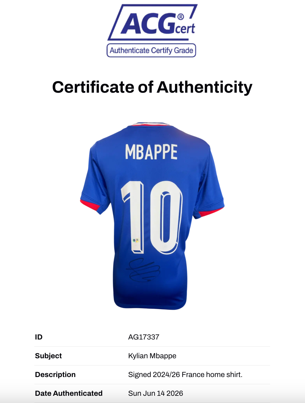 KYLIAN MBAPPE SIGNED 2024/26 FRANCE HOME SHIRT (ACG CERT AG17337)