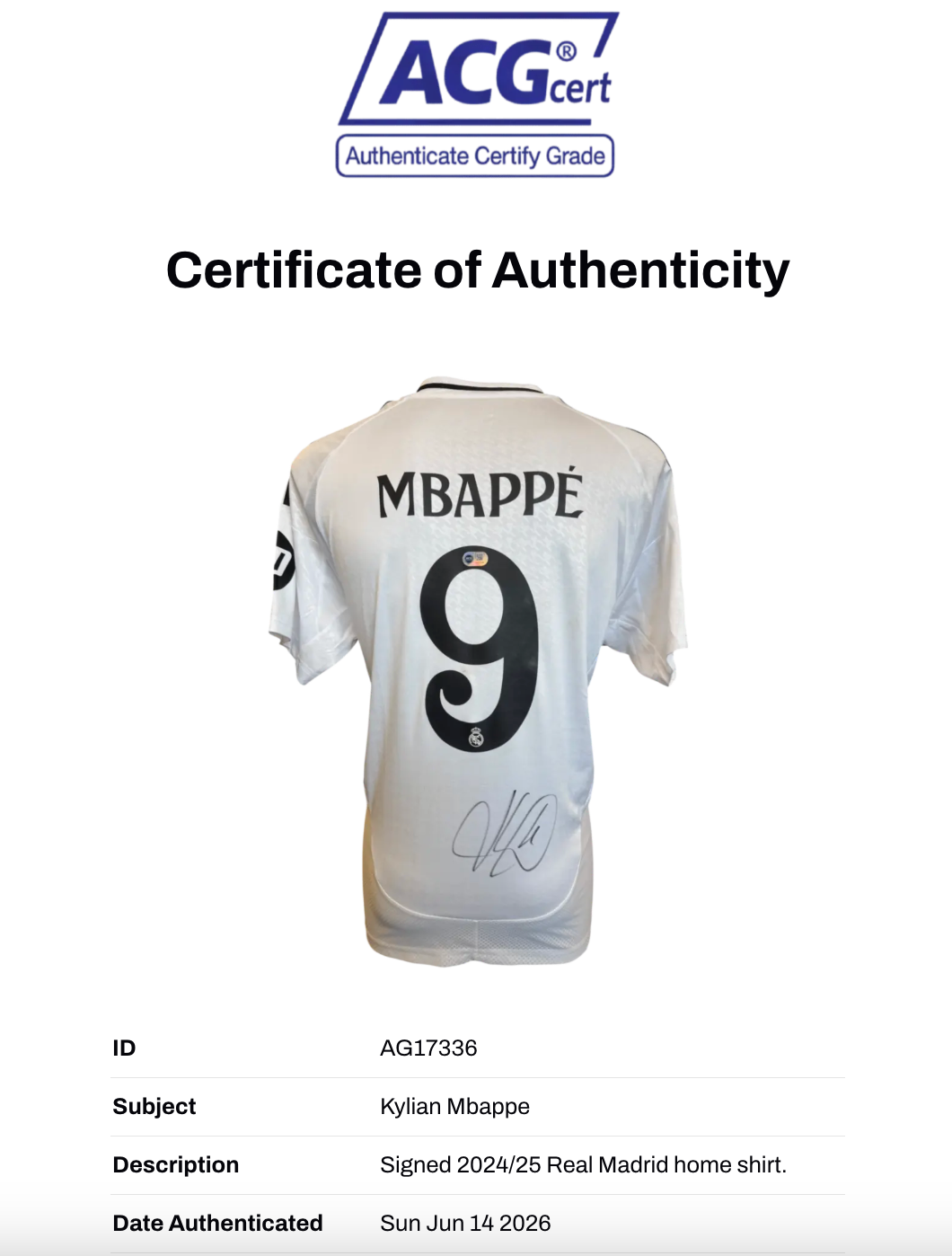 KYLIAN MBAPPE SIGNED 2024/25 REAL MADRID HOME SHIRT (ACG CERT AG17336)