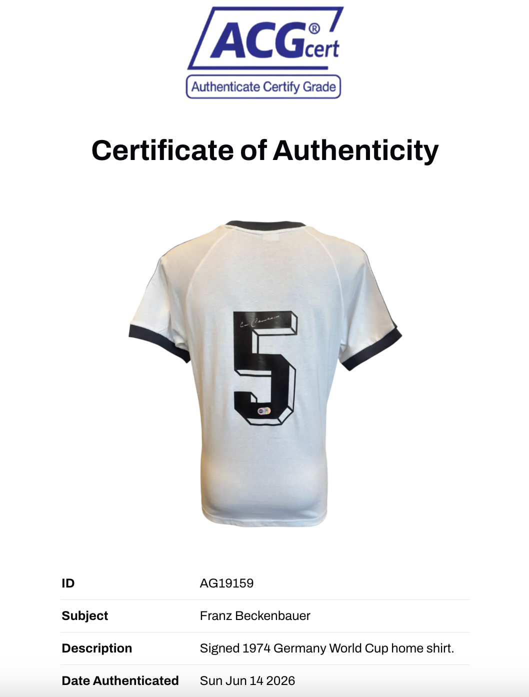 FRANZ BECKENBAUER SIGNED 1974 GERMANY WORLD CUP HOME SHIRT (ACG CERT AG19159)