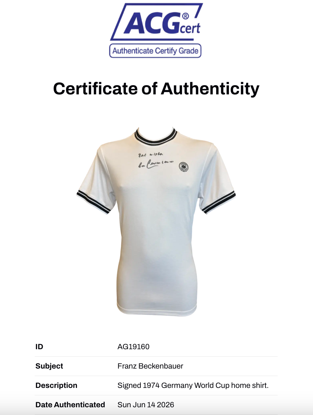 FRANZ BECKENBAUER SIGNED 1974 GERMANY WORLD CUP HOME SHIRT (ACG CERT AG19160)