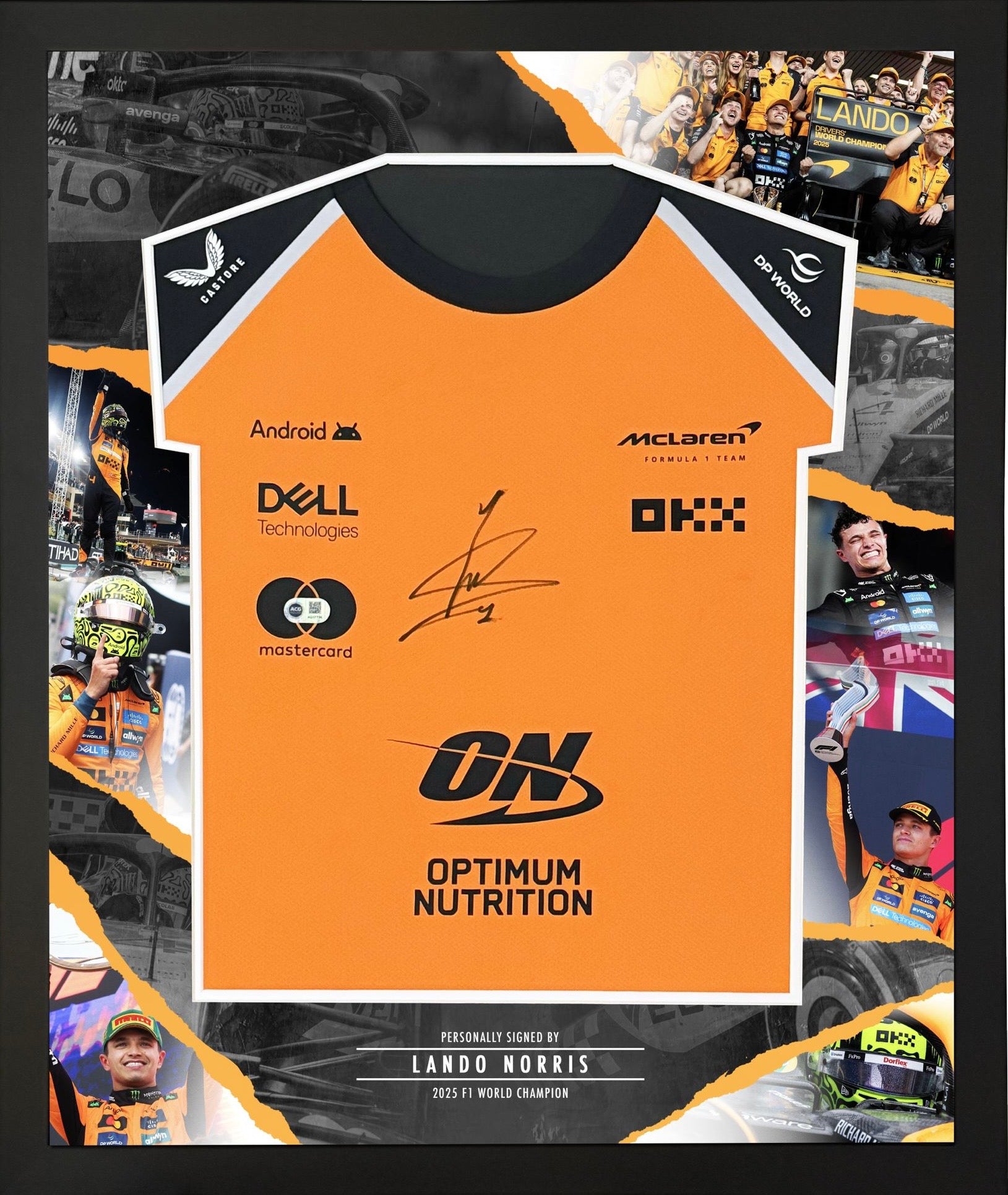 LANDO NORRIS SIGNED FRAMED MCLAREN 2025 F1 CHAMPION SHIRT (ACG CERT AG17736)