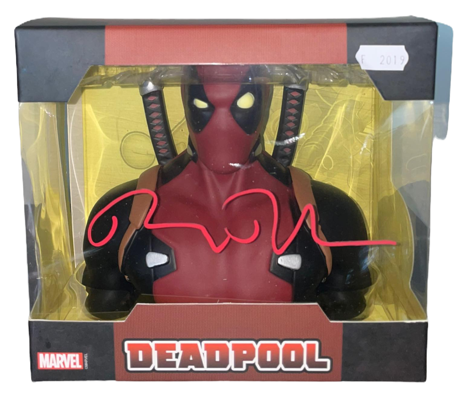 RYAN REYNOLDS SIGNED DEADPOOL ACTION FIGURE HEAD MONEY BANK (AFTAL COA)